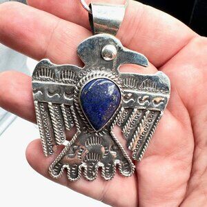 Womens Necklace Sterling Silver Lapis Lazuli Pendant Thunderbird Design 31 Gram